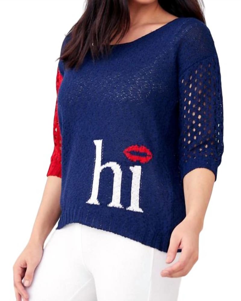 Front of a model wearing a size XL Crochet Hi-Bye Crew in Blue in Blue by french kyss. | dia_product_style_image_id:327501